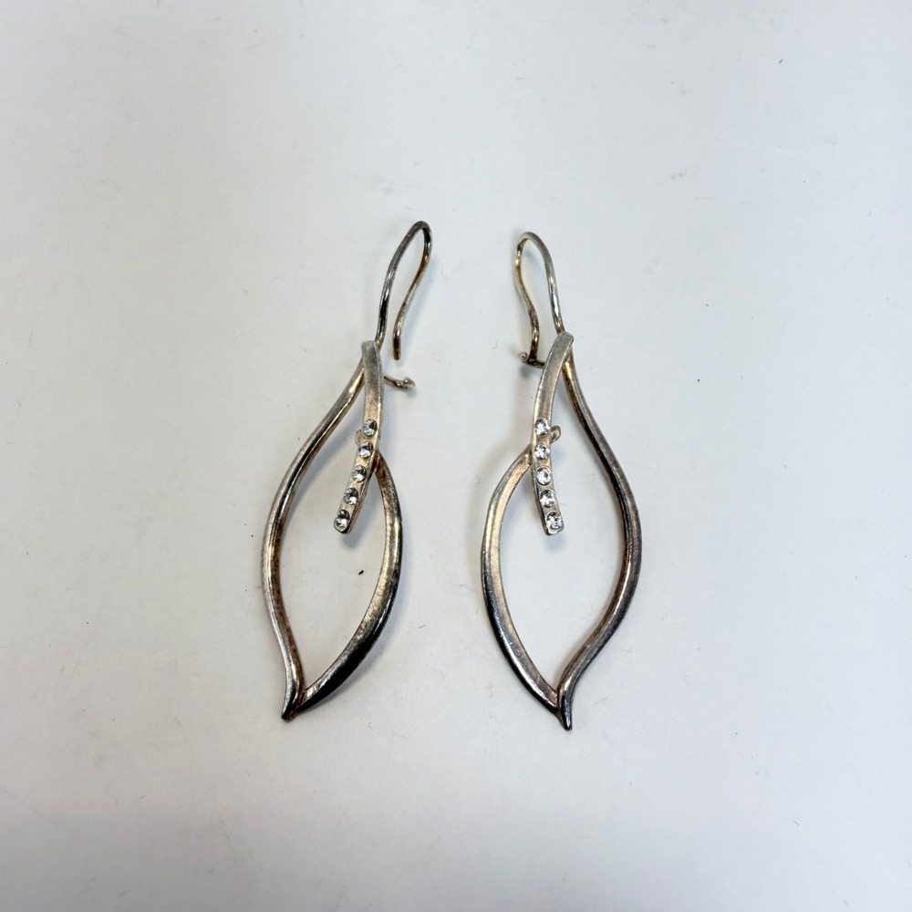 925 Sterling Silver Marquise Open Leaf Dangle Earrings Cubic Zirconia Accents‎